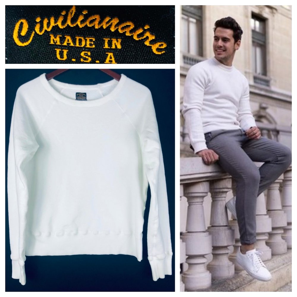 Civilianaire Sweatshirt Pullover Mens Small White Crewneck Made in USA